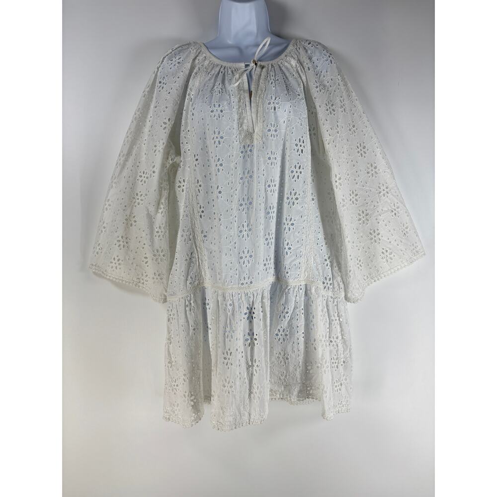 Melissa Odabash Coverup Dress Women L Corina White Eyelet Lace Mini Kaftan Swim